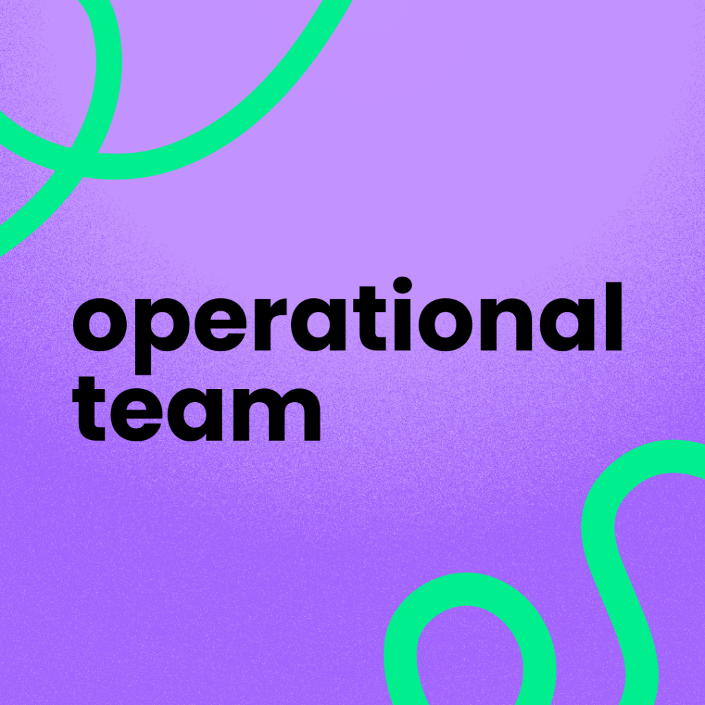 A vibrant purple background with two abstract, thick, neon green curved lines. One line starts from the top left corner, and the other from the bottom right. The text "operational team" is written in black, sans-serif font, centered on the left side of the image.