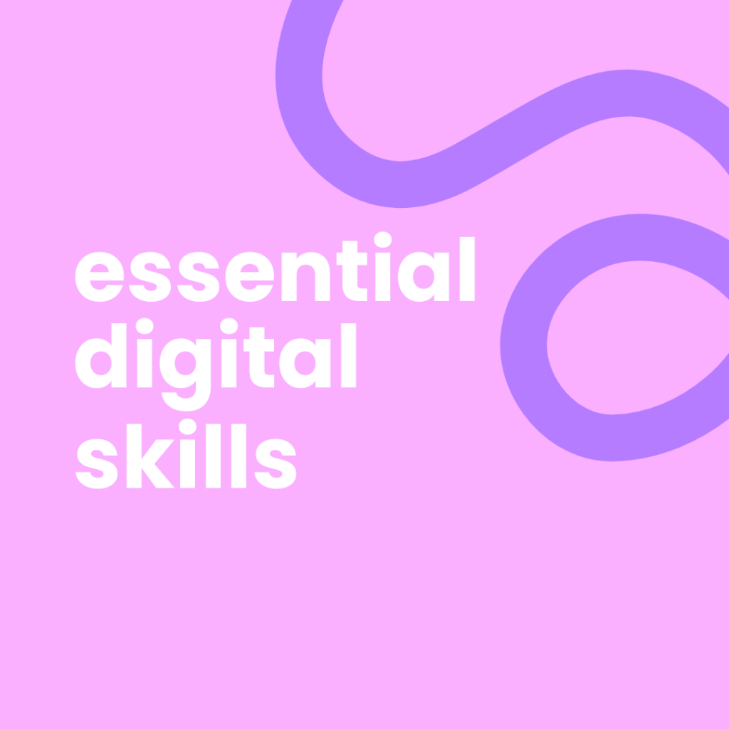 A light pink background with large white text that reads "essential digital skills" in three lines. In the upper right corner, a thick, wavy light purple line curls into the frame, resembling a stylized "S" shape. The image has slightly rounded corners.
