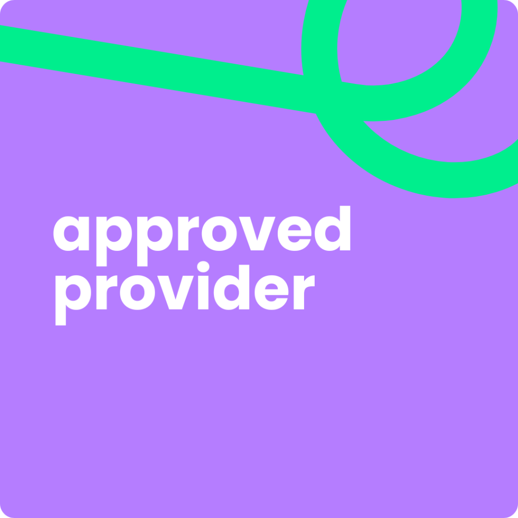 A vibrant purple background with large white text that reads "approved provider" in two lines. In the top right corner, a thick, looping bright green line extends into the frame. The image has slightly rounded corners.