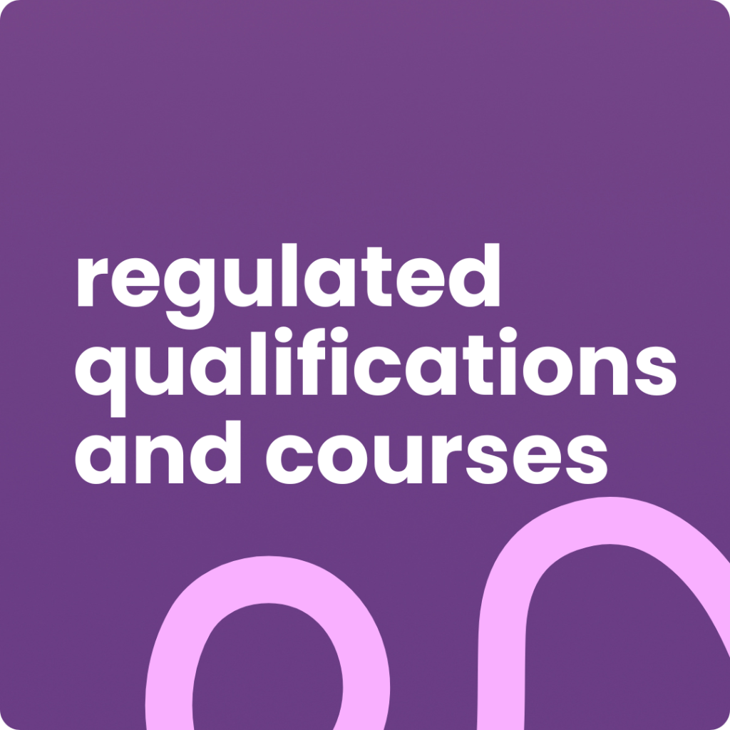 A dark purple background with large white text that reads "regulated qualifications and courses" in three lines. Below the text, a thick, rounded light pink abstract shape is visible in the bottom portion of the image. The image has slightly rounded corners.