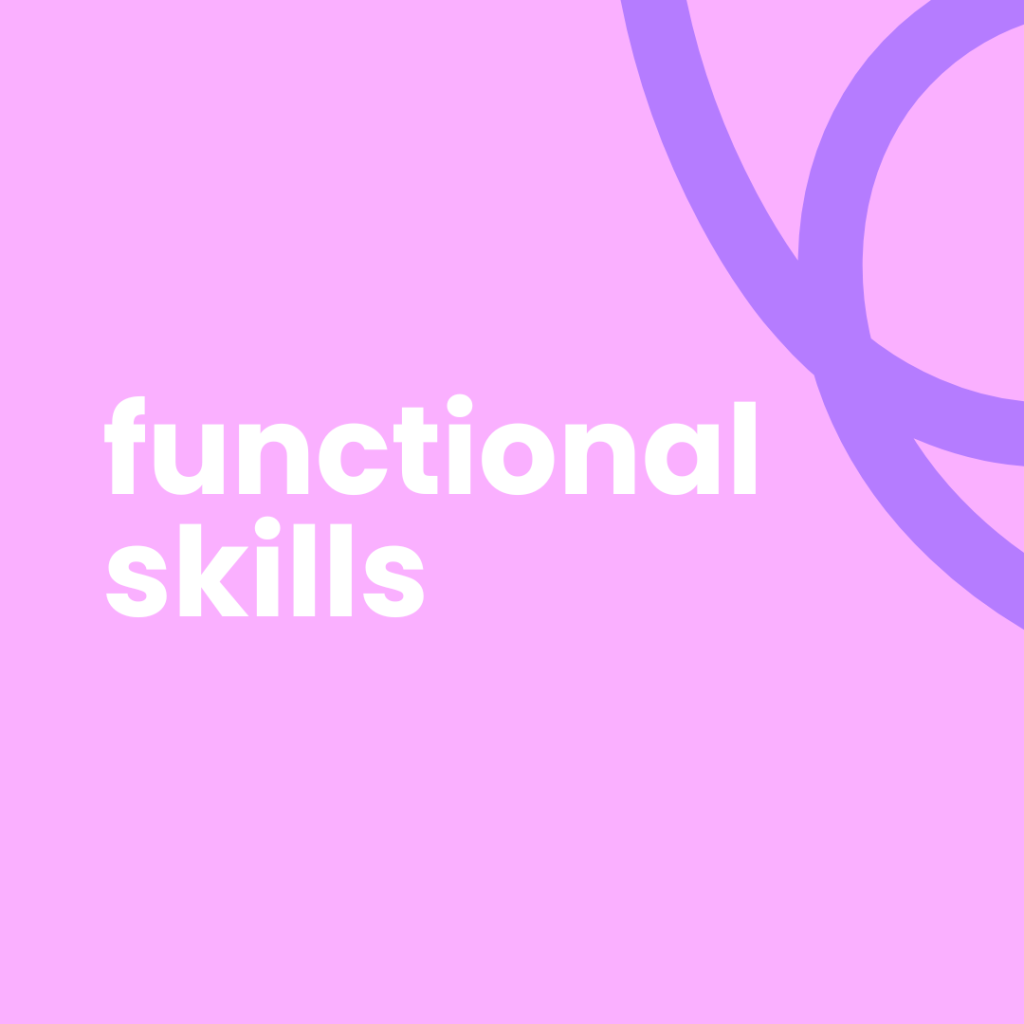 A pink background features large white text that reads "functional skills" in two lines, with "functional" above "skills." In the top right corner, two thick, curved, light purple lines create an abstract, intertwined shape.