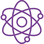 An icon featuring a purple outline of an atom with a central nucleus and three electrons orbiting it on elliptical paths.