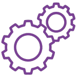 An icon featuring two purple outlined gears, one larger in the foreground and one smaller behind it, positioned as if they are interlocked. This symbolizes mechanics, teamwork, or processes.