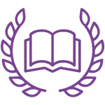 An icon featuring a purple outline of an open book, centered within a purple outlined laurel wreath. This symbolizes learning, knowledge, or academic achievement.