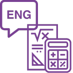 An icon on a black background, featuring three purple outlined elements: a speech bubble with "ENG" inside, a sheet of paper with mathematical symbols like a square root and a triangle, and a calculator with basic operation buttons. The elements represent English language and mathematics.