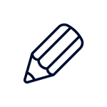 A dark blue outline icon of a pencil, angled diagonally downwards from left to right, with its sharpened tip pointing left.
