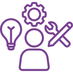 An icon on a black background, featuring a purple outline of a person's torso. Above their head, from left to right, are three purple outlined symbols: a lightbulb, a gear, and a crossed wrench and pencil. These symbols represent ideas, mechanics, and design, possibly indicating problem-solving or a multi-faceted approach.