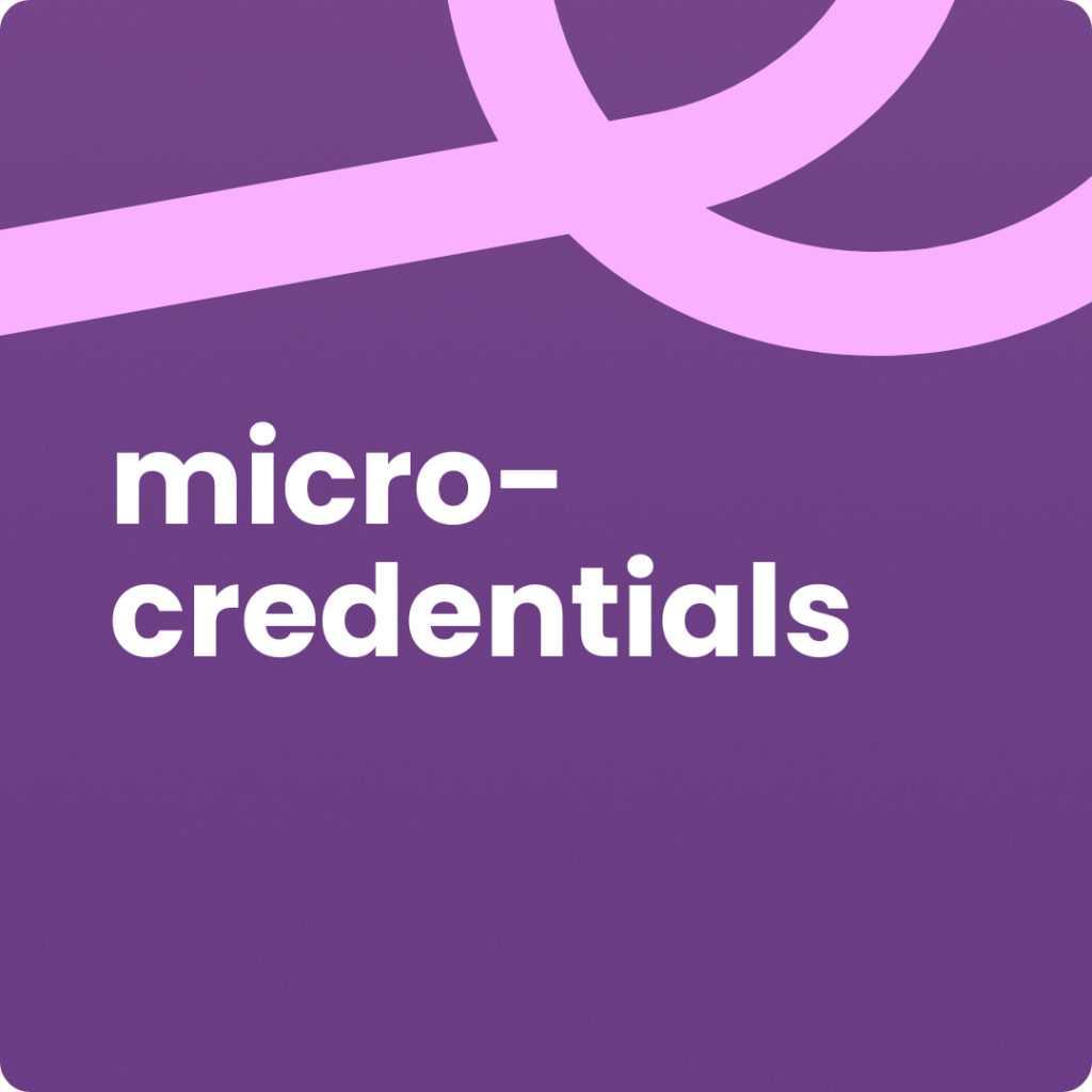 The image features the text "micro-credentials" in white, bold, sans-serif font, aligned to the left against a deep purple background. A thick, curving light pink line is visible across the top of the image.