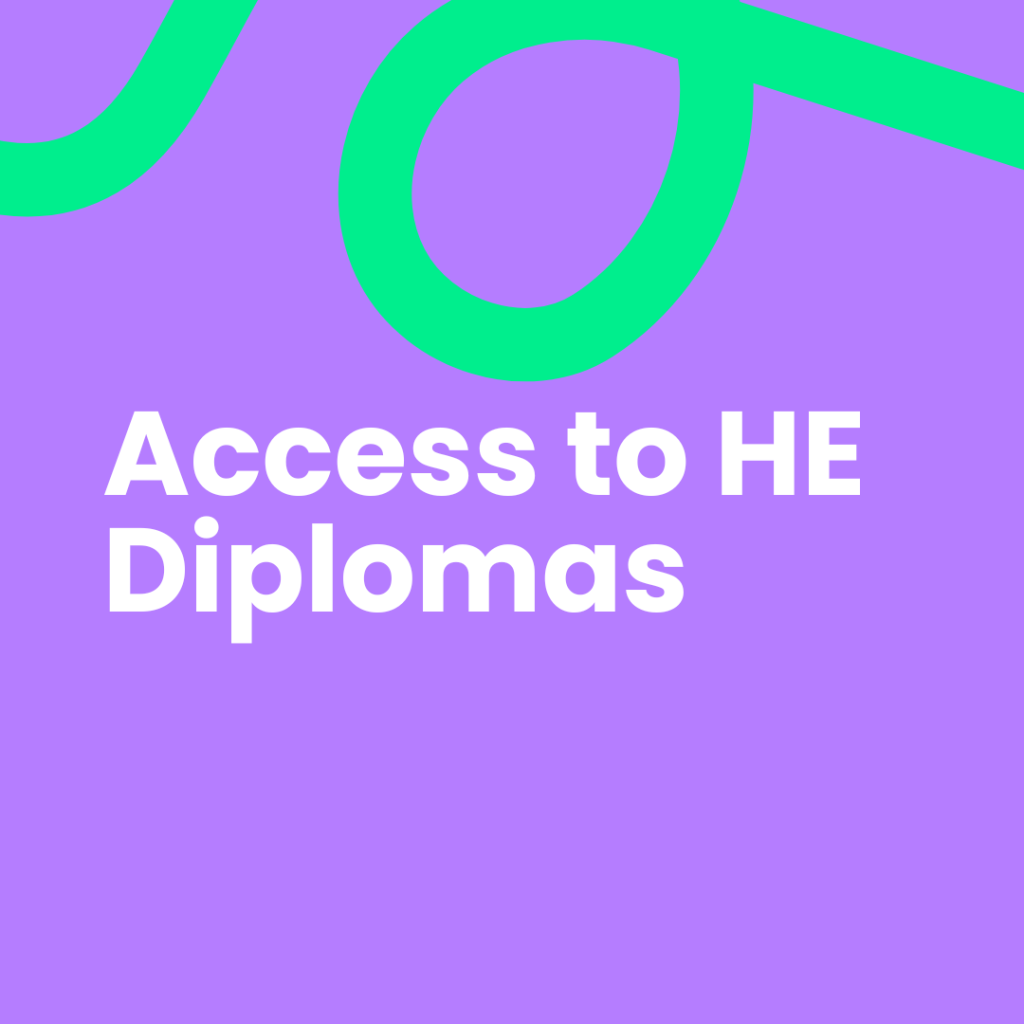 A vibrant purple background with large white text that reads "access to he diplomas" in two lines. In the upper part of the image, two thick, looping bright green lines extend into the frame, with one forming a prominent oval shape. The image has slightly rounded corners.