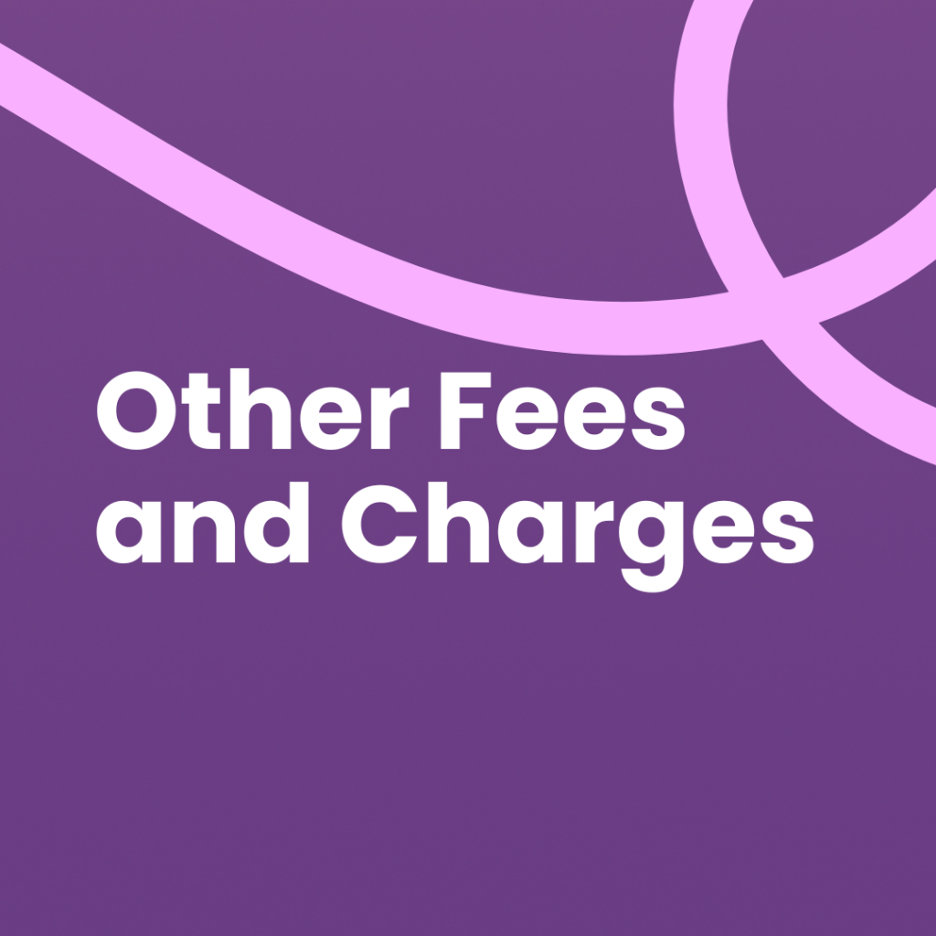 A dark purple background with large white text that reads "other fees and charges" in two lines. In the upper part of the image, two thick, curving light pink lines cross and extend off the frame, creating an abstract design. The image has slightly rounded corners.